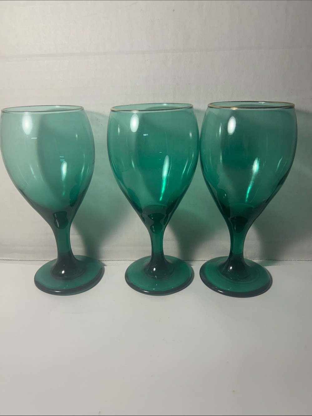 Set of 3 Green Stemmed Glass Goblets Vintage
